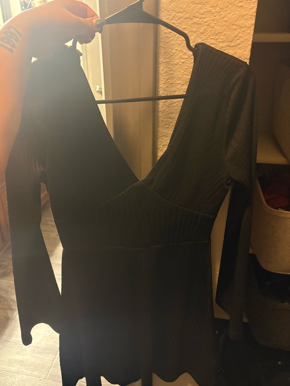 Francesca's Collections Black Ribbed Long-Sleeve Mini Dress